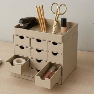 Tiered Desktop Storage Cabinet with Small Drawers and Top Tray for Office Supplies and Beauty Accessories
